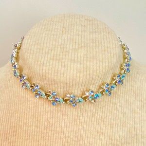 Longcraft Laguna Necklace Silver Tone Sky Blue Aurora Borealis Floral Pattern